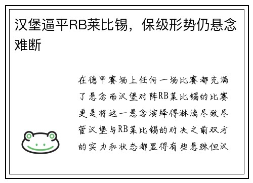 汉堡逼平RB莱比锡，保级形势仍悬念难断