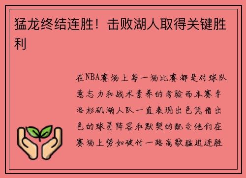 猛龙终结连胜！击败湖人取得关键胜利